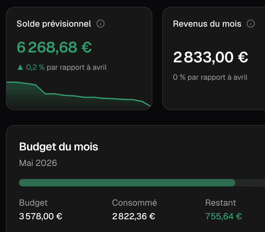 Solde prévisionnel et budget du mois dans ZenFinance